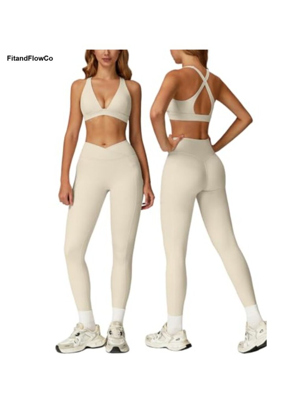 Womens 2 Piece Workout Set Sports Bra Crossover Leggings Pockets